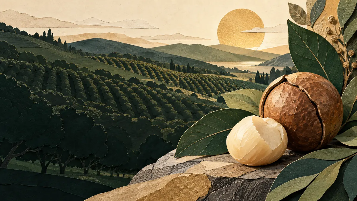 Concept illustration of a macadamia orchard and kernel
