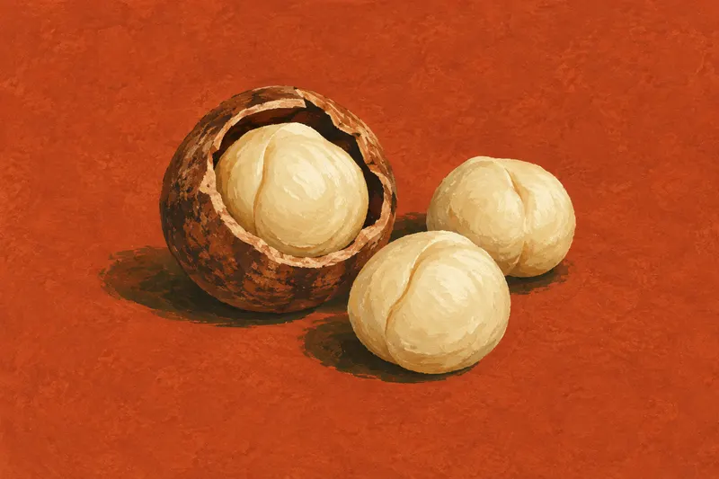 An illustrated brown macadamia shell enclosing an ivory kernel, with two loose kernels on terracotta paper.