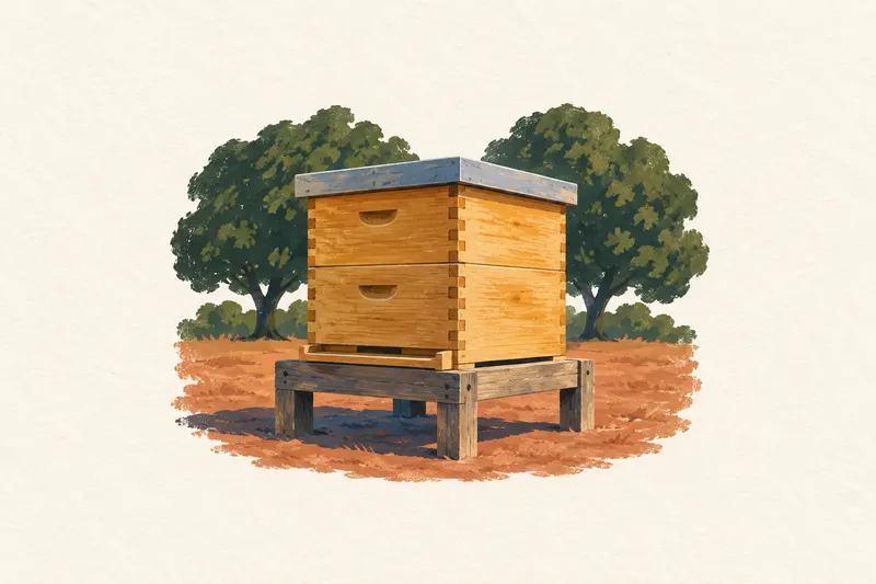 A painted wooden beehive on a low stand sits before abstract green orchard canopies on ivory paper.