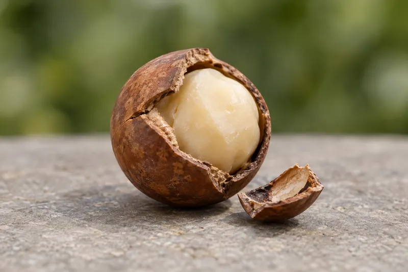 AI-generated macro image of a rounded ivory macadamia kernel partly enclosed by a cracked brown hard shell, with a loose shell fragment nearby.
