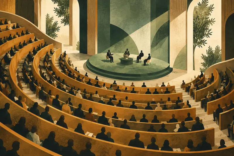 AI-generated conceptual illustration of curved conference seating gathered around a discussion stage.