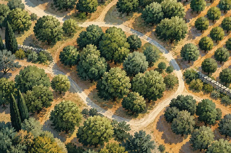 Conceptual illustration of neighboring orchard planting groups viewed from above.