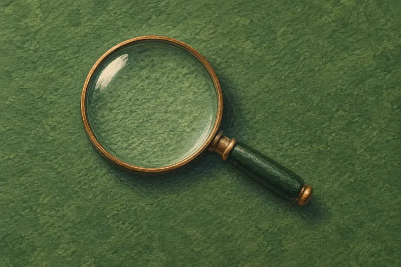 Painted bronze-rimmed magnifying glass with a short green handle on textured green paper; an inspection concept without a specimen.