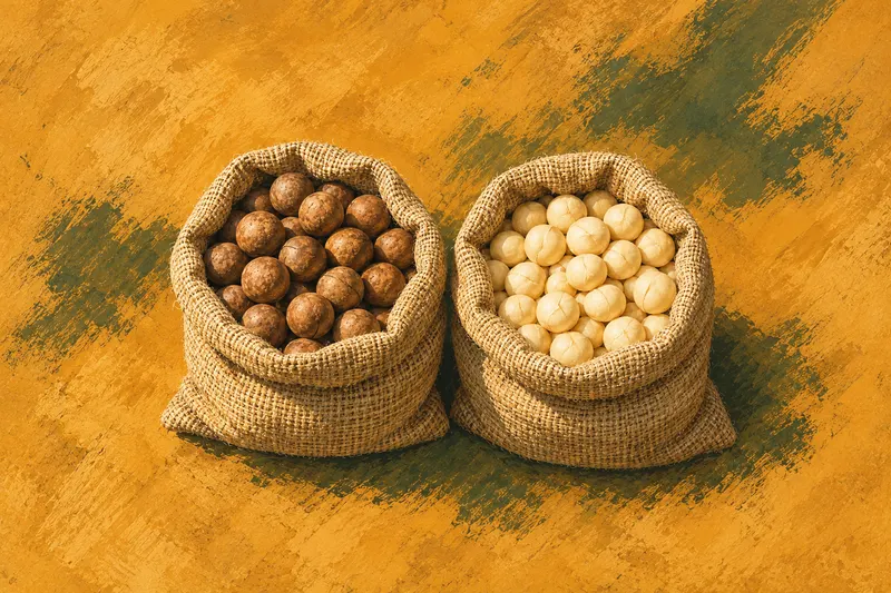 Two imagined open woven sacks, one containing brown in-shell macadamias and the other ivory kernels.