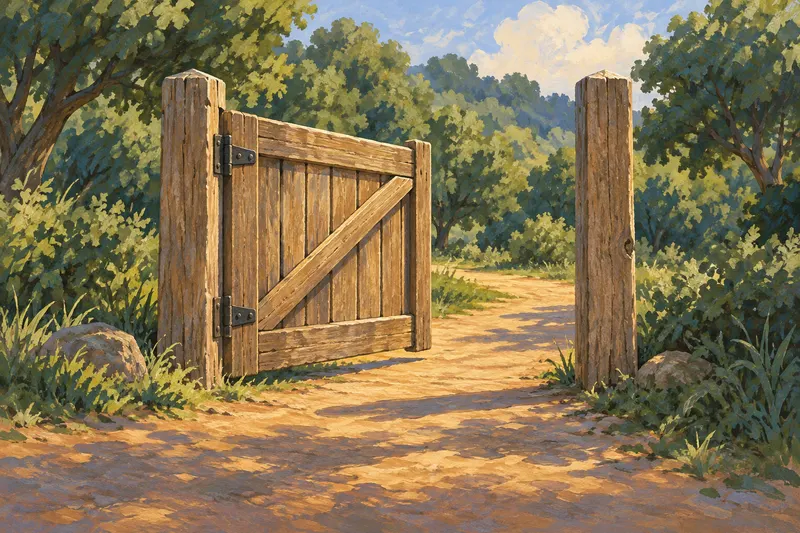 Painted fictional wooden orchard gate partly open onto a shaded path, a conceptual seasonal-access image.
