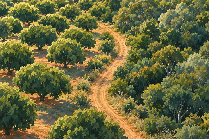 Painted imagined orchard beside a wilder wooded margin, with an ochre path between the green canopies.