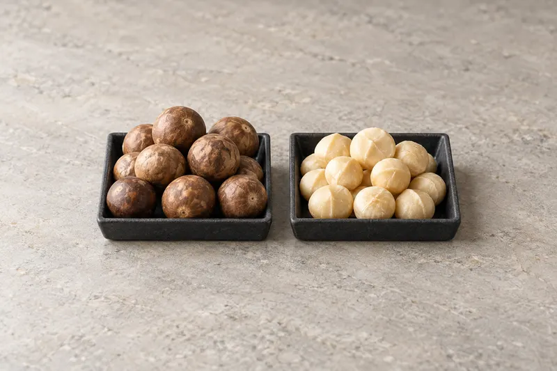 AI-generated photographic comparison of brown in-shell macadamias on the left and ivory shelled kernels on the right, in separate shallow charcoal trays.