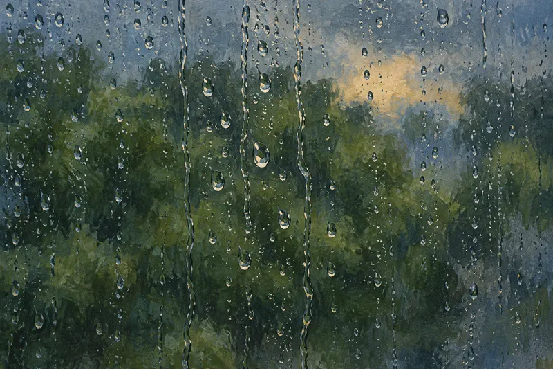 Painted rain beads and vertical runnels on glass, with imagined soft orchard-green canopy shapes beyond; a forecast-uncertainty concept.