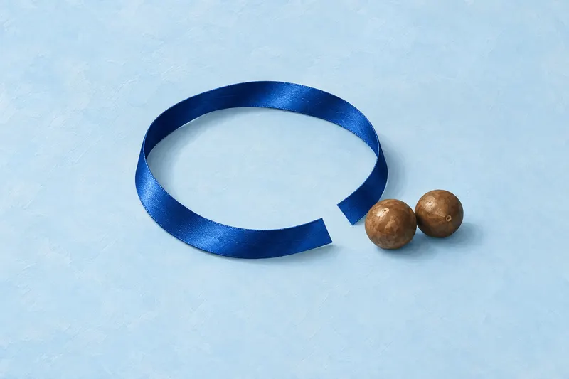 An open cobalt-blue ribbon loop beside two closed brown macadamia nuts on a pale-blue surface.