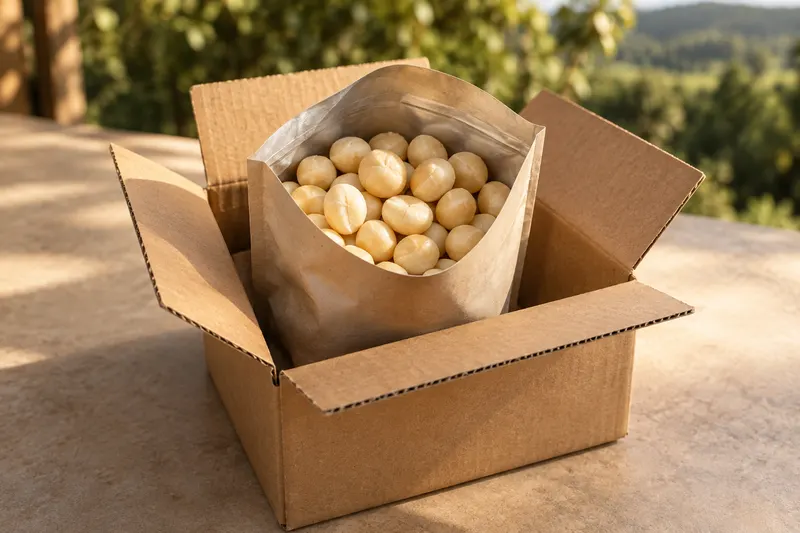 AI-generated photograph-style image of ivory macadamia kernels in an open plain food pouch nested inside an unmarked cardboard carton.