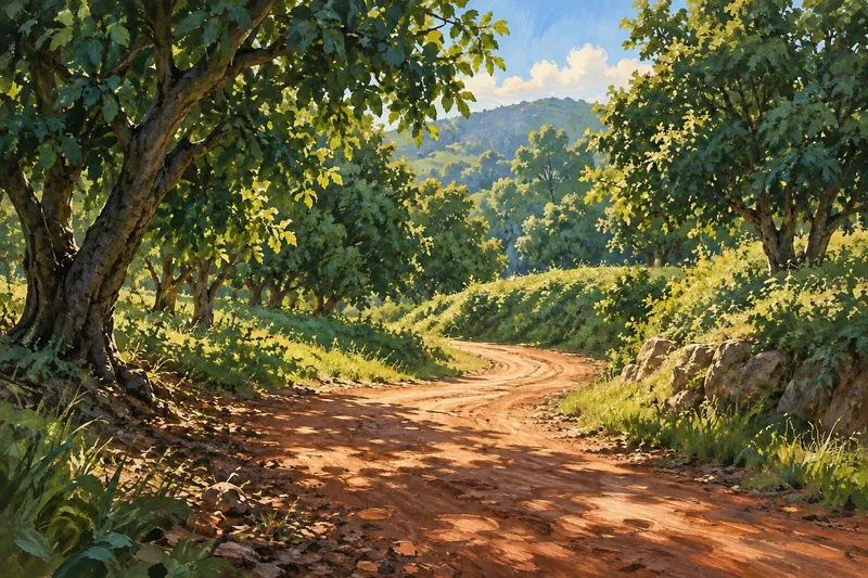 A painted terracotta path bends behind a green rise beneath orchard-like canopies, alternating warm light and shade; its far continuation remains hidden.