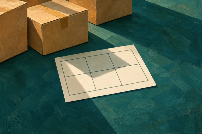 Painted anonymous stock cartons casting a green shadow across a completely blank calendar-like grid.