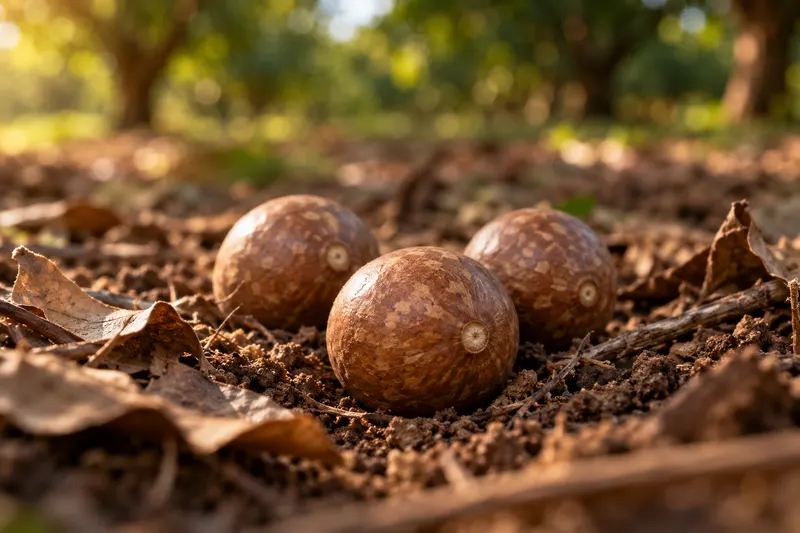 AI-generated photograph-style image of three round brown hard-shell macadamia nuts resting on soil and dry leaf litter.