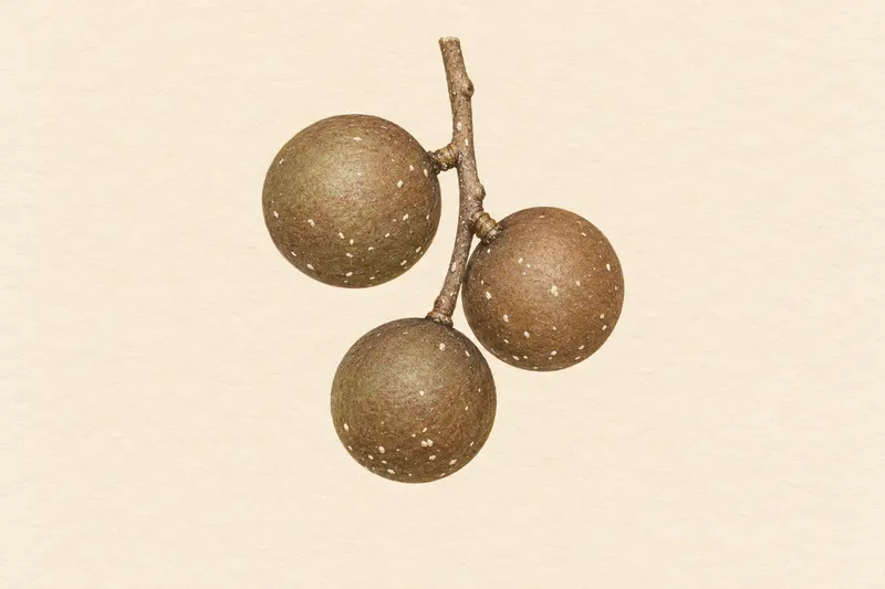 AI-generated botanical illustration of three round macadamia fruits with small white scale coverings on their husks and stem.