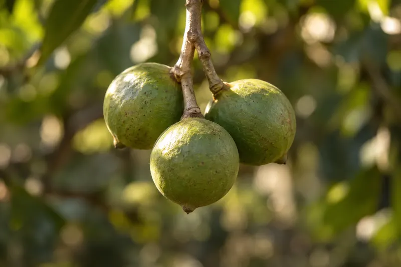 AI-generated photograph-style close-up of three round green-husk macadamia fruits hanging from their stems against a softly blurred orchard background.