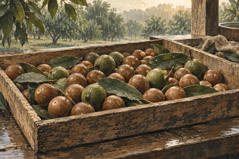 Illustration of round brown macadamia shells and closed green husks in a timber harvest tray beside wet leaves.