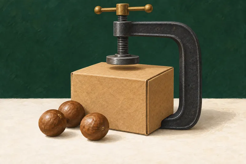 Conceptual illustration of a steel clamp hovering above an intact kraft carton beside three in-shell macadamias.