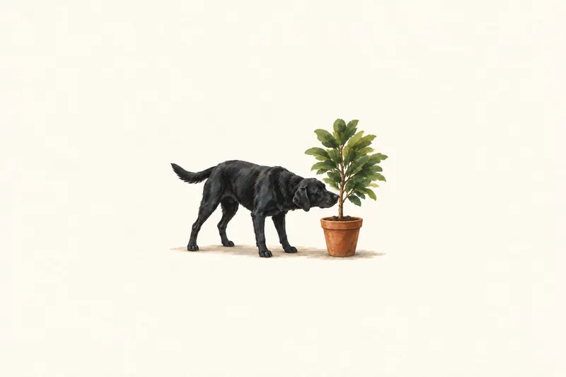 A painted black dog calmly investigates the woody stem of a young potted tree on ivory paper.
