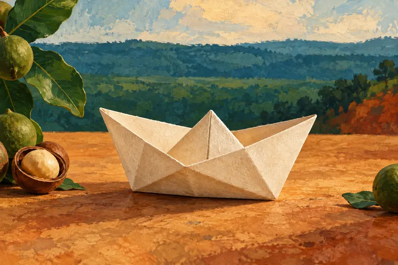 An ivory folded-paper boat rests on an ochre surface before a blue-green landscape, with stylised green fruit and an open brown shell at the margins; an export-plan metaphor.
