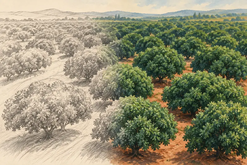 AI-generated conceptual orchard illustration transitioning from a pencil study into painted green tree canopies.