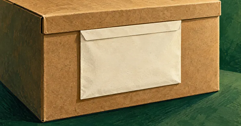 A painted close-up of a plain closed kraft carton with an unmarked ivory paper document sleeve.