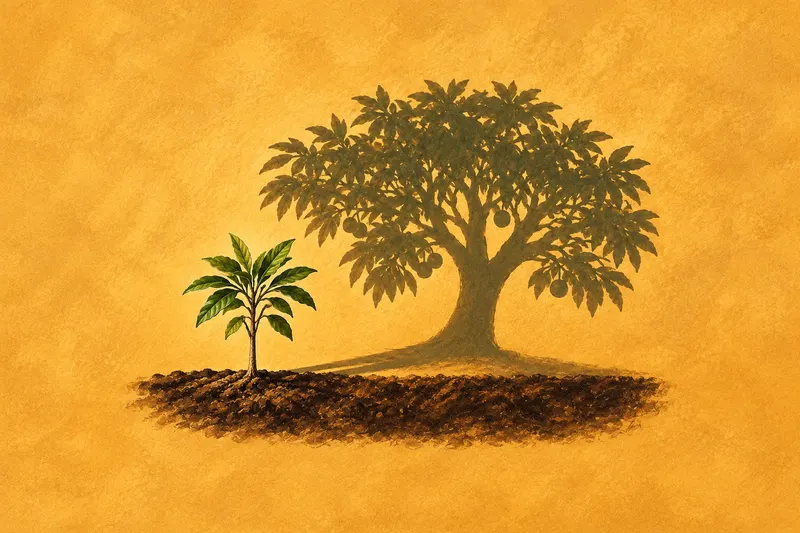 A young macadamia tree casts the imagined shadow of a mature tree in an ochre editorial illustration.
