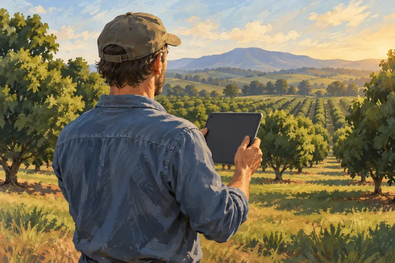Illustration of an imagined grower holding a tablet while looking across an orchard.