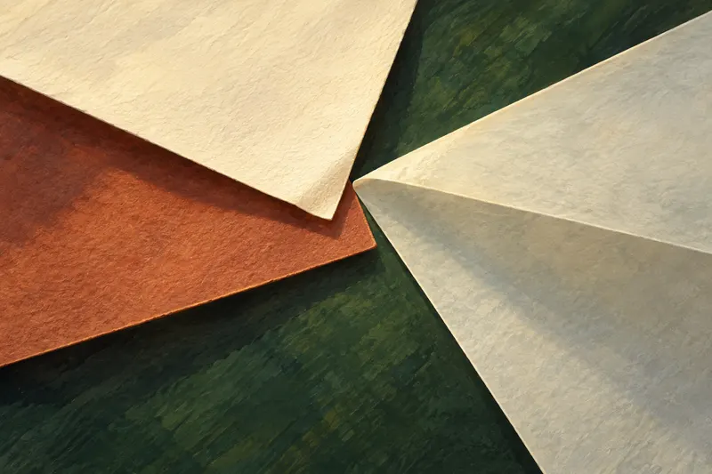 Painted offset corners of blank ivory and russet paper on a dark green ground; a qualitative alignment metaphor without data.