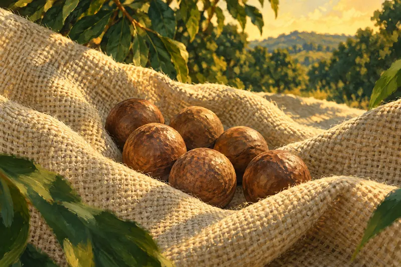 Painted round brown shells gathered in a fold of coarse ivory cloth, with alternating light and green shade; an unmeasured conceptual harvest sample.