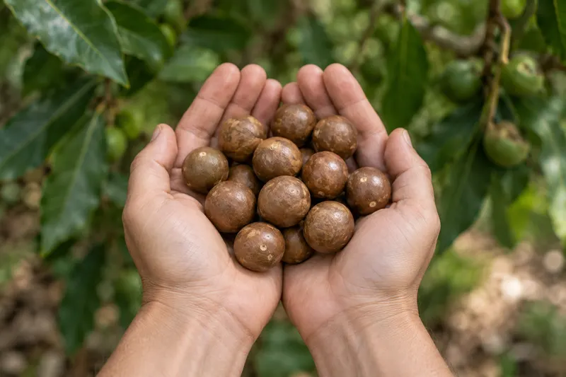 AI-generated photograph-style image of round brown hard-shell macadamia nuts resting in two anonymous open cupped hands.