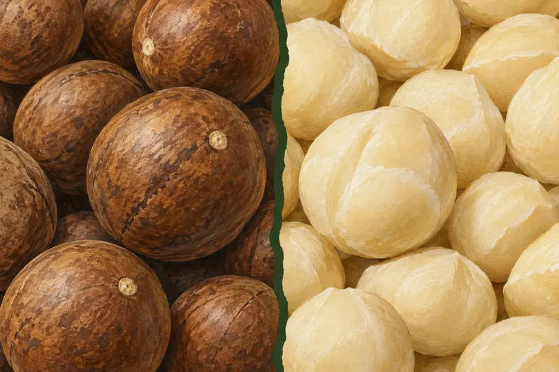 AI-generated painted close-up contrasting round brown in-shell macadamias with creamy shelled kernels.
