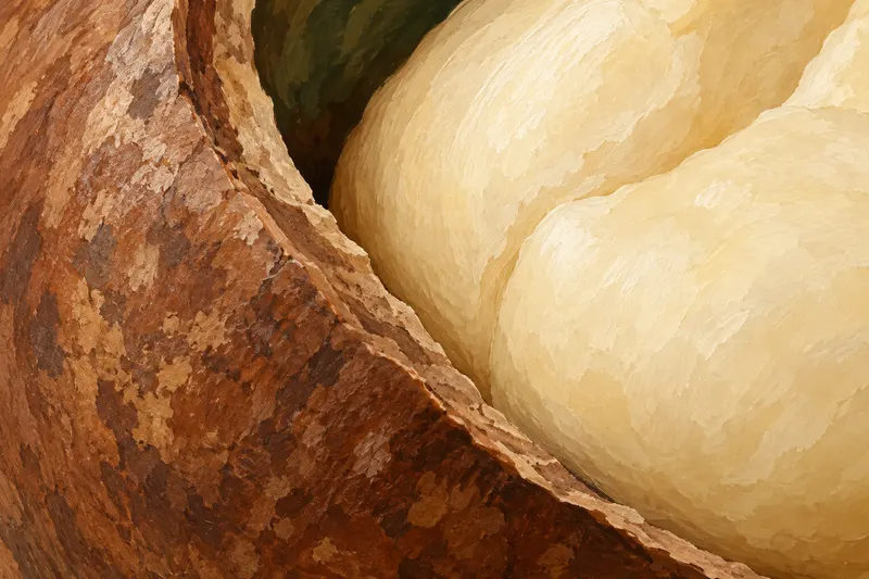 A painted macro view of a curved hard brown macadamia shell rim beside pale ivory kernel material.