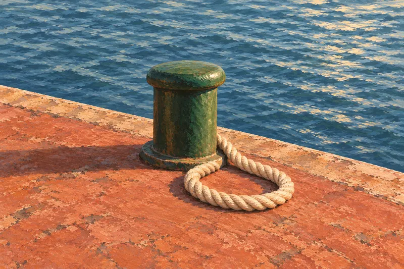Painted green mooring post and intact slack ivory rope loop on a terracotta dock beside blue water; an imagined import-forecast concept.