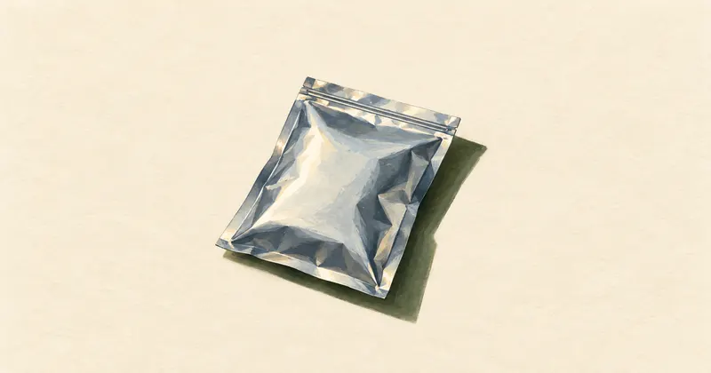 An illustrated plain foil pouch with a continuous closed upper seam and a green shadow on warm paper.