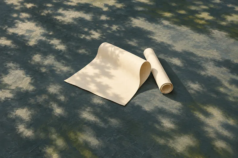 Unmarked ivory poster sheets, one partly unrolled, resting in abstract orchard shade on a blue-grey surface.