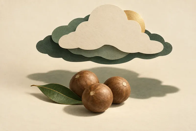AI-generated conceptual illustration of round macadamia shells beneath a paper cloud and its shadow.