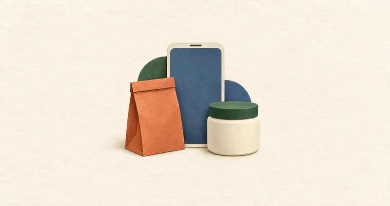 Paper-cut phone with a blank blue screen behind a closed terracotta snack packet and an opaque cream jar.