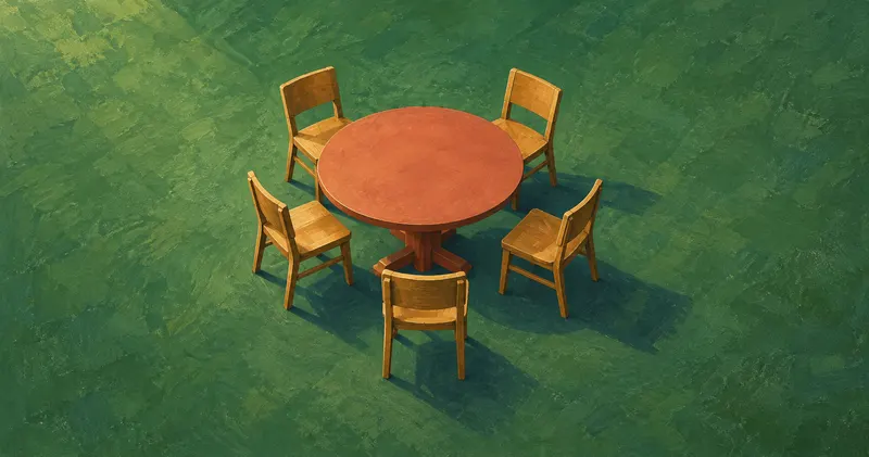 Painted empty round table with five wooden chairs on a green floor, an imagined setting for sector discussion.