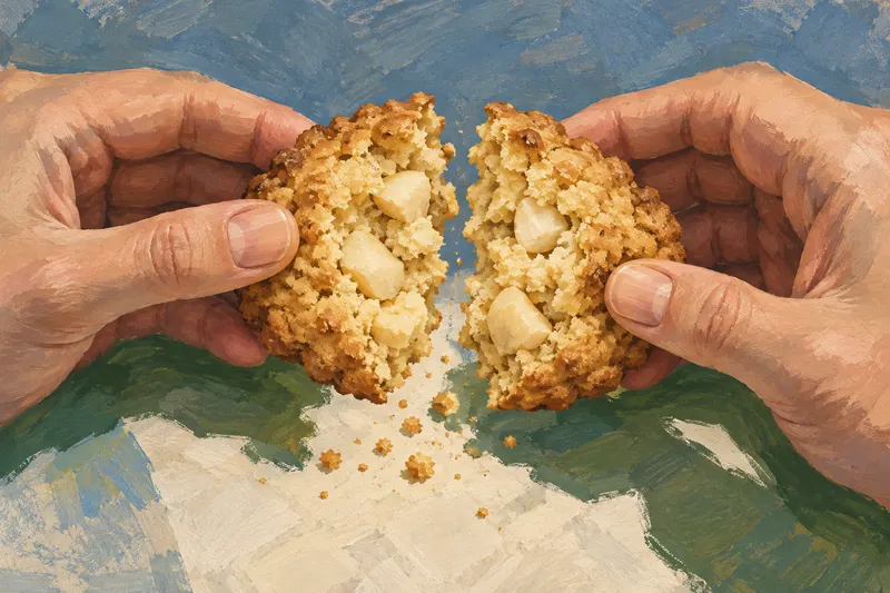 Painted adult hands holding apart an imagined biscuit prototype with visible ivory macadamia pieces and crumbs.