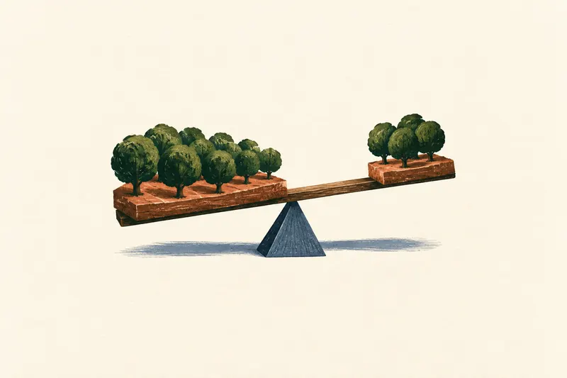 Imagined orchard plots of different sizes sit on a tilted beam balance in a green and terracotta editorial illustration.