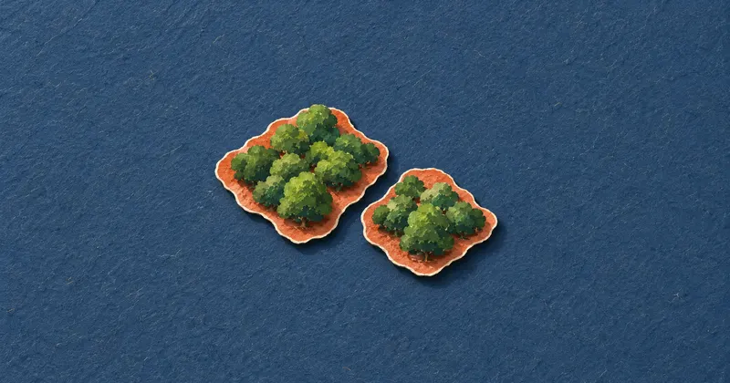 Painted cut-paper collage of two imaginary orchard blocks with green canopy masses on slate-blue paper.