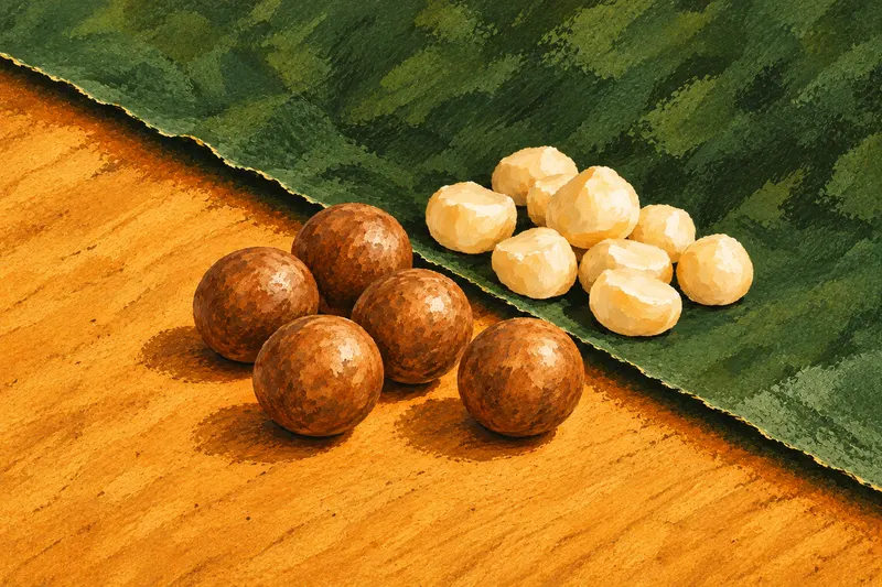 Painted intact round brown shells on ochre beside loose ivory kernels on green, separated by a diagonal paper edge; qualitative product-form context without quantities.