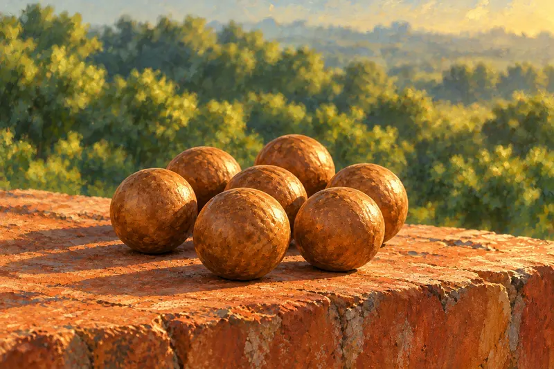 Painted intact brown shells on a warm stone ledge, with a softly unresolved green orchard beyond; a conceptual distinction between a sample in hand and future possibilities.